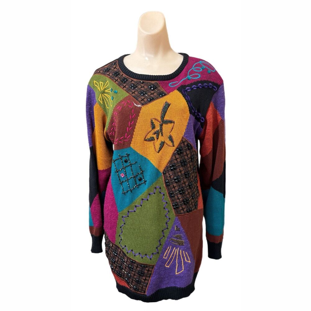 IB Diffusion Womens Y2K Oversize Sweater XS Geometric 90s Vintage Beaded Hip Hop